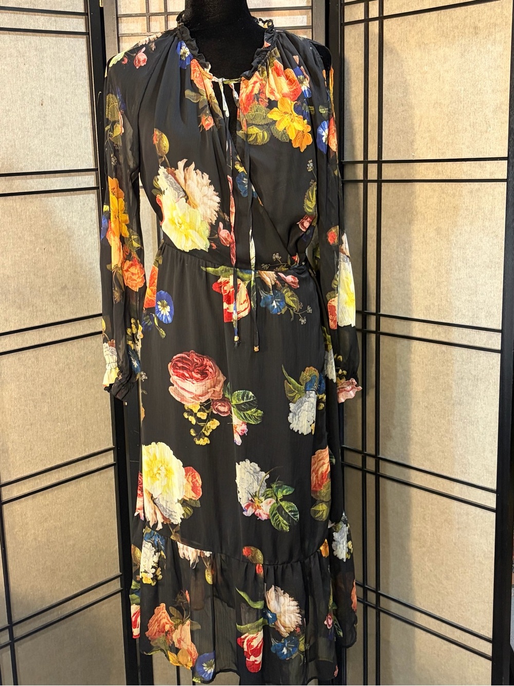 Gibson Latimer Long Sleeve Slit Sleeve Floral Boho Maxi Dress Wrap Sz S Lined